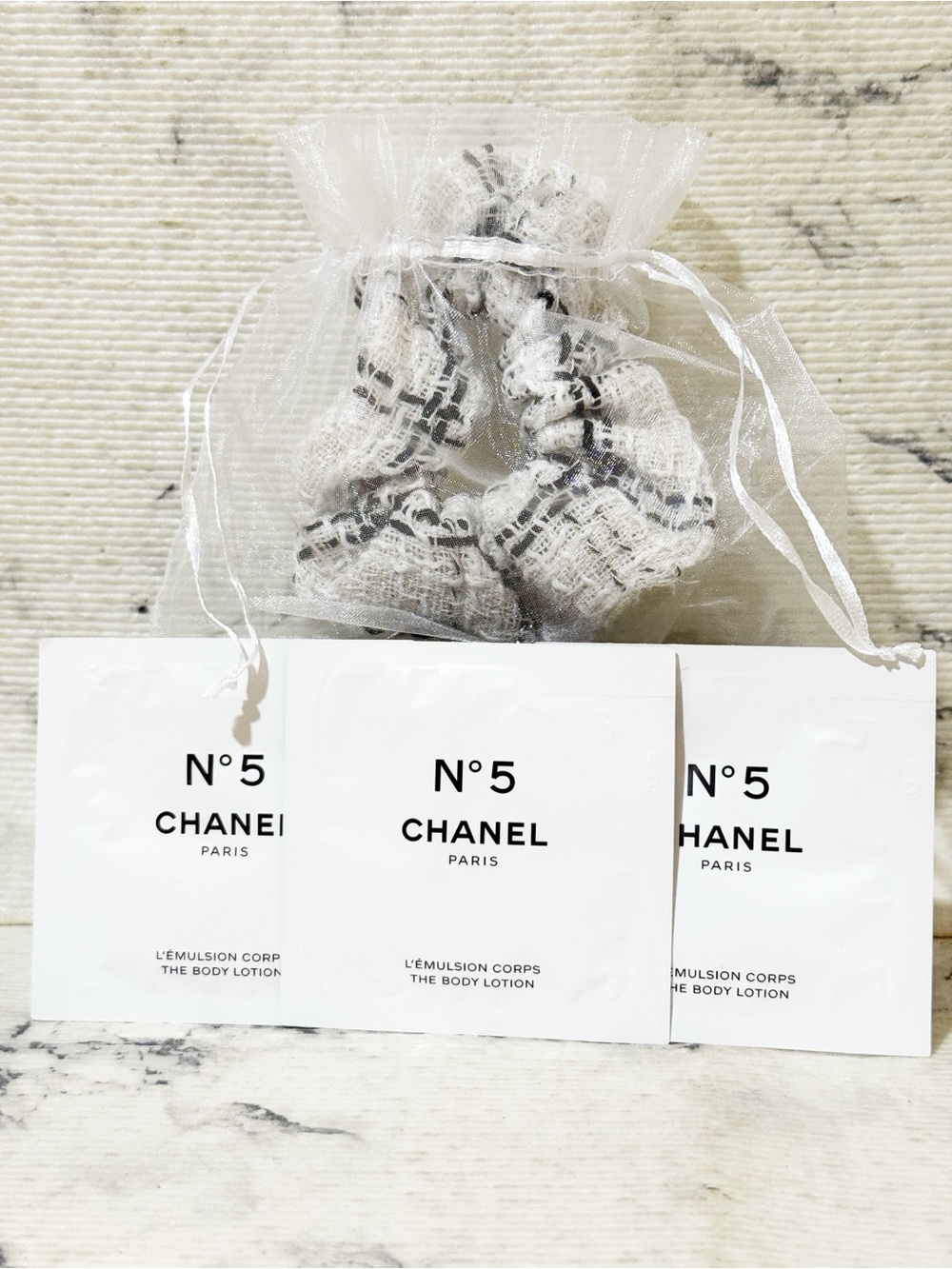 Chanel N°5 Body Lotion Sample Packet Trio & Cute Tweed Scrunchie